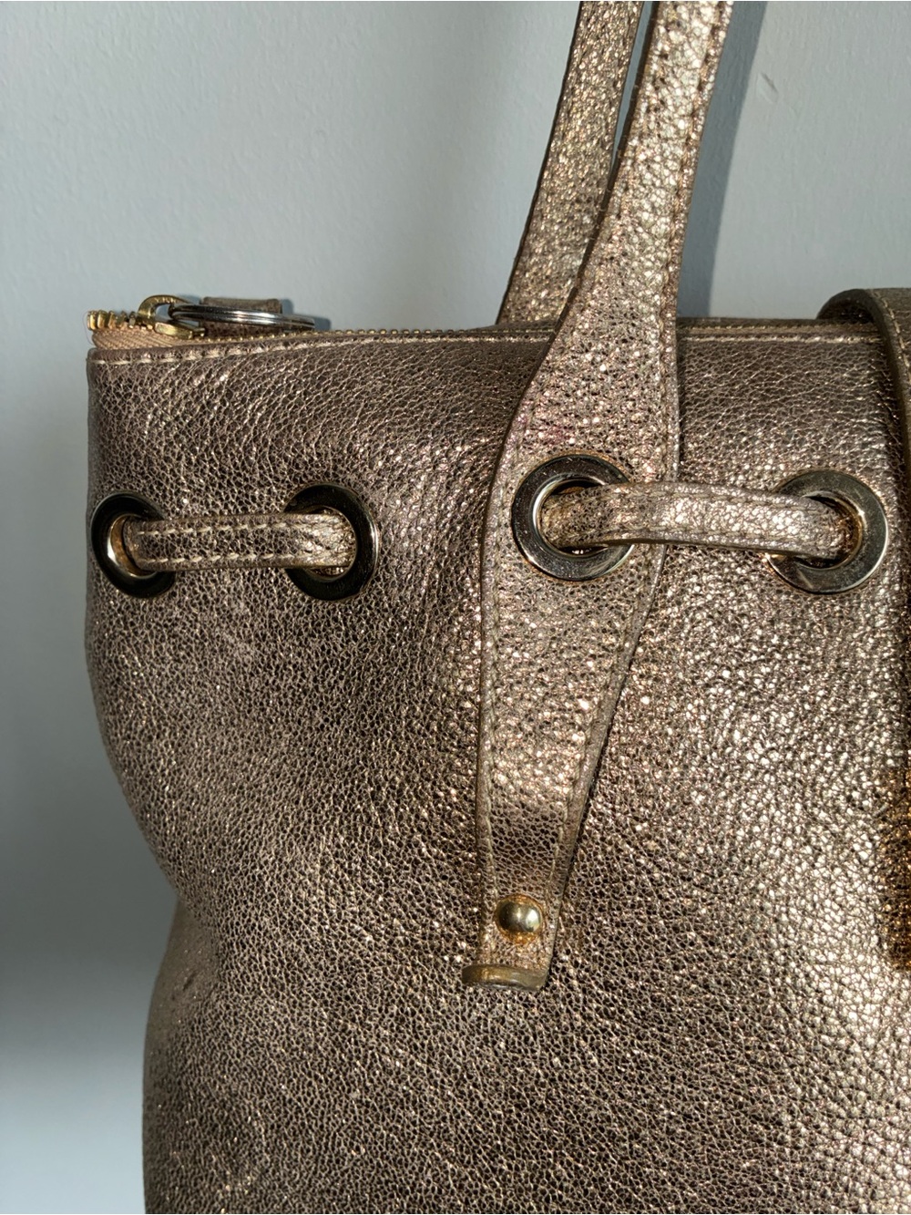 Jimmy Choo Metallic Shoulder Bag — Drawstring & Zip, Silver Hardware, Logo - Picture 5 of 13